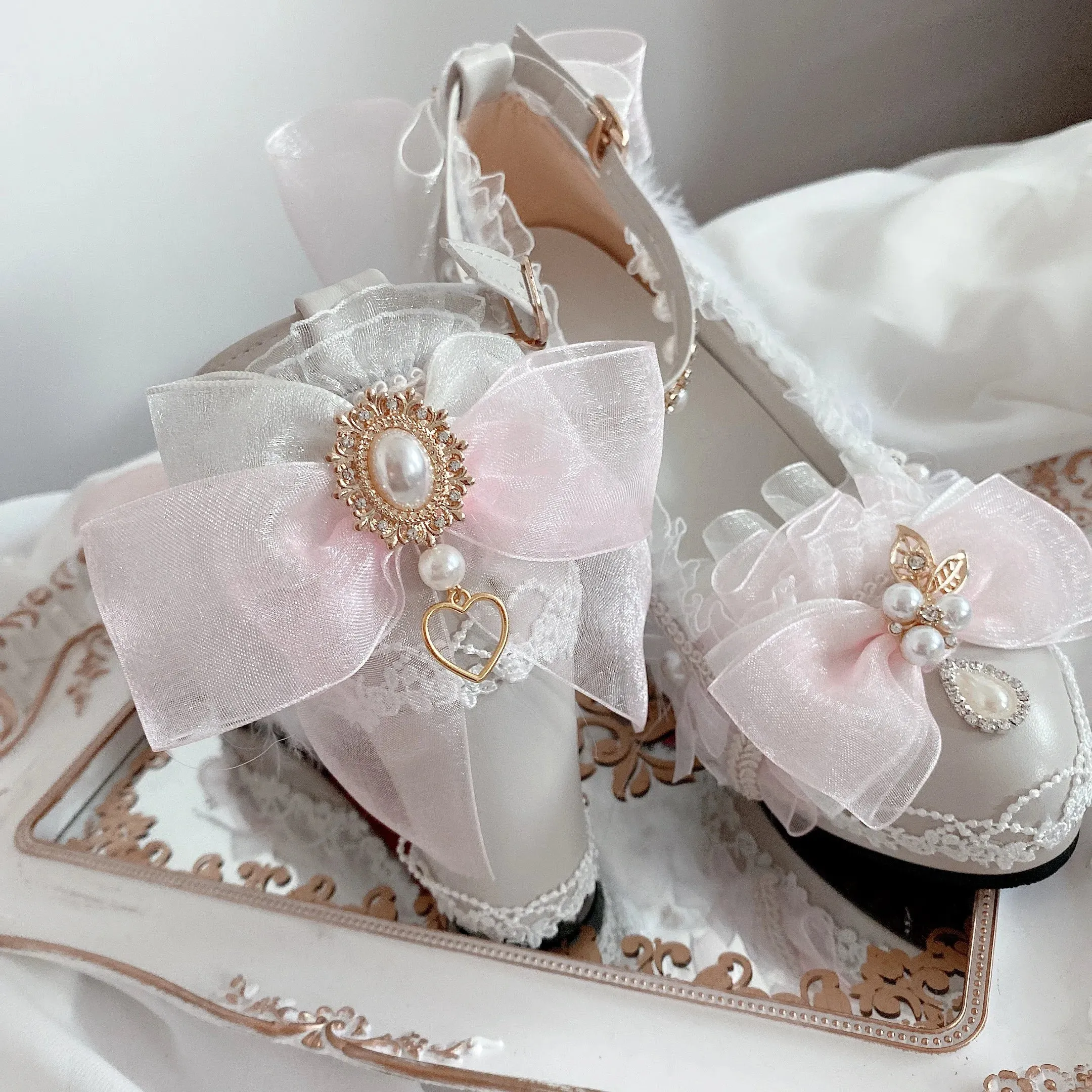 Sohiwoo Sweet Girl Lolita Handmade Blue/pink Thick Heels Lo Shoes Flower Wedding Women's Tea Party Stage Performance Shoes Daughter Adul