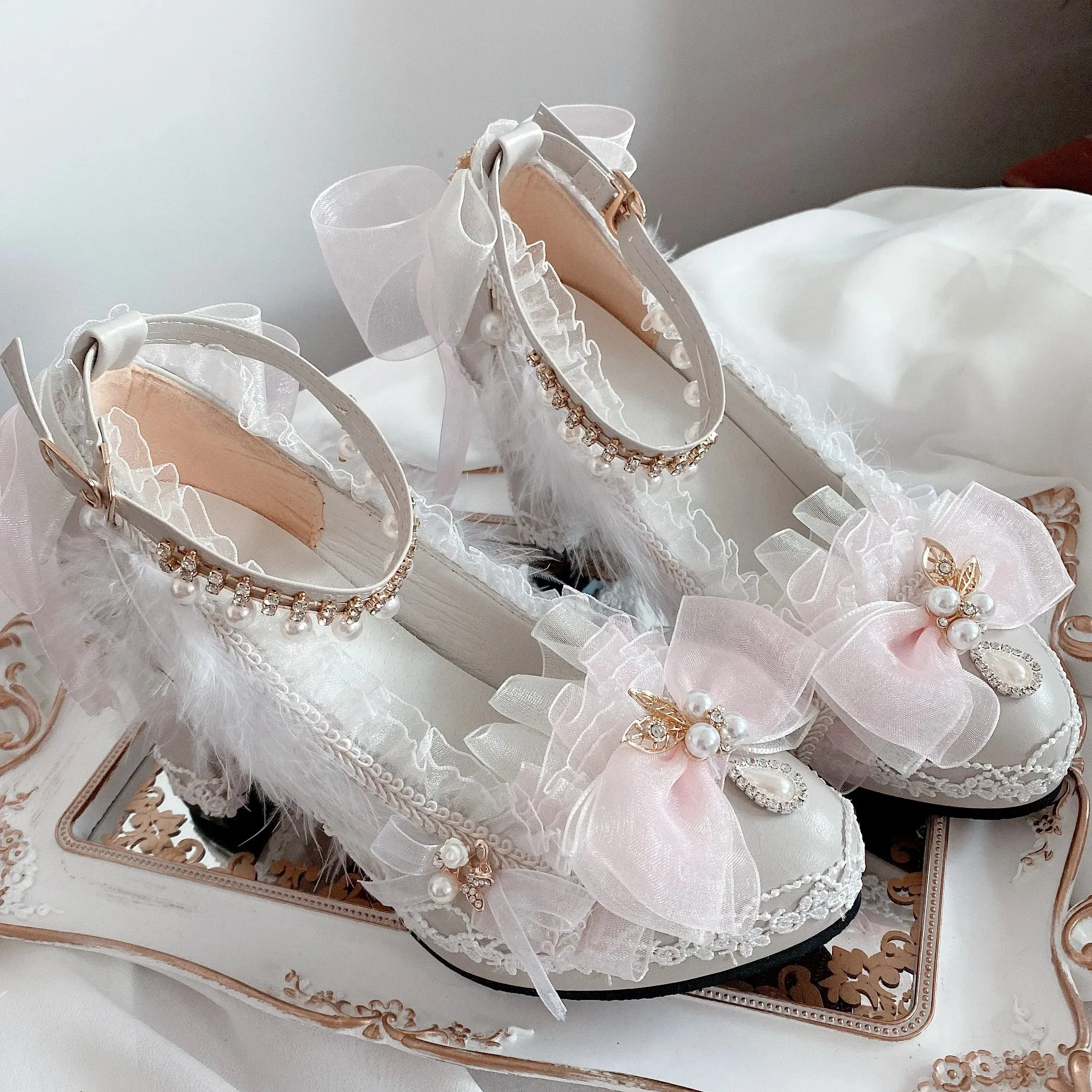 Sohiwoo Sweet Girl Lolita Handmade Blue/pink Thick Heels Lo Shoes Flower Wedding Women's Tea Party Stage Performance Shoes Daughter Adul