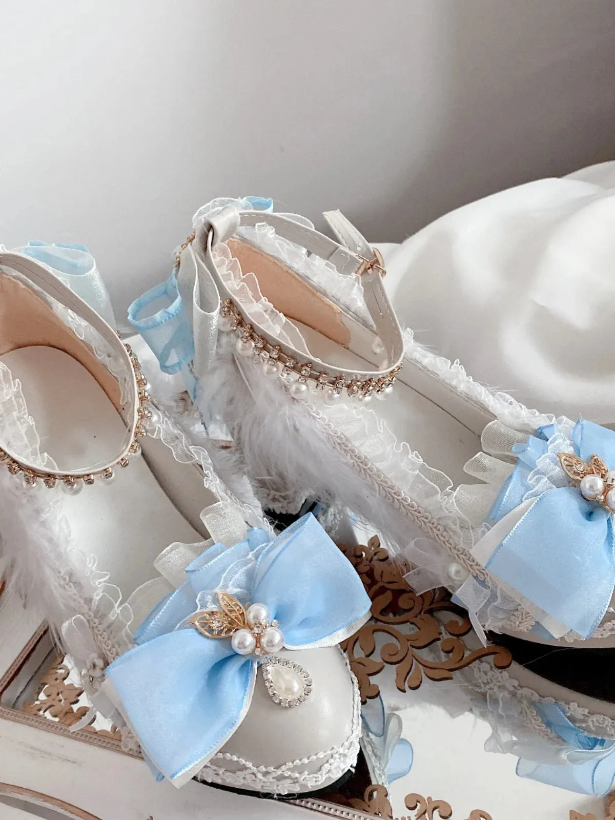 Sohiwoo Sweet Girl Lolita Handmade Blue/pink Thick Heels Lo Shoes Flower Wedding Women's Tea Party Stage Performance Shoes Daughter Adul