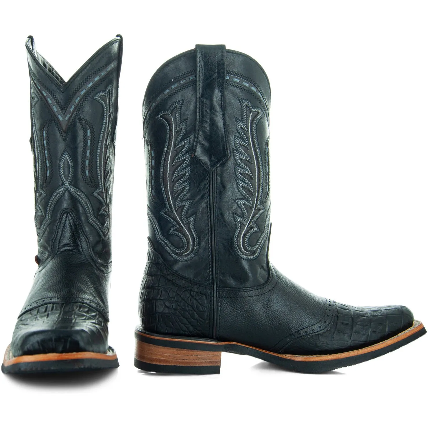 Soto Boots Men's Saddle Vamp Gator Belly Print Black Cowboy Boots H50039