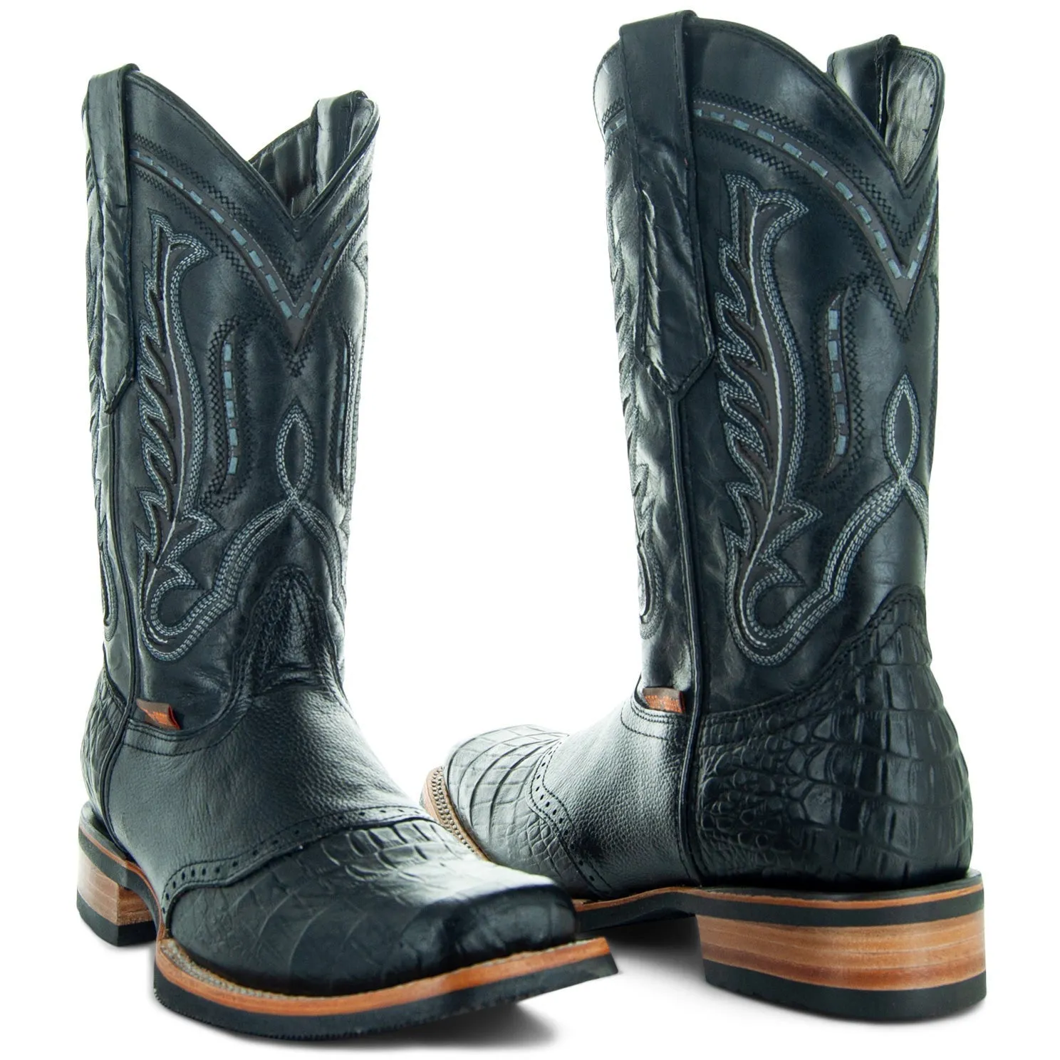 Soto Boots Men's Saddle Vamp Gator Belly Print Black Cowboy Boots H50039