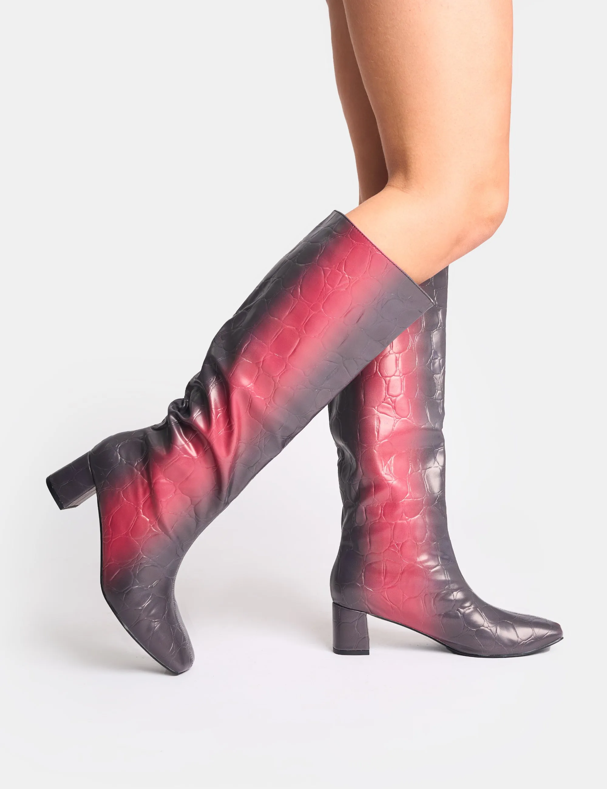 Tamira Red Ombre Block Heel Knee High Boots