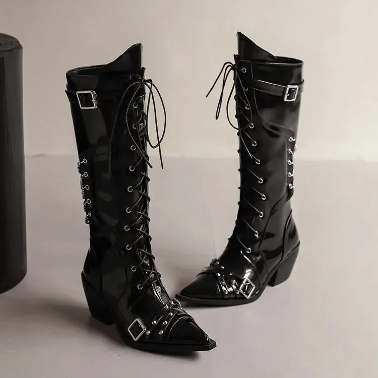 TAVIMART  -  Fashion Punk Rock Band Performance Knee Length Boots with Pointed Chelsea 6cm Thick Heel Chain Boots 35-45 Slipsole Boots