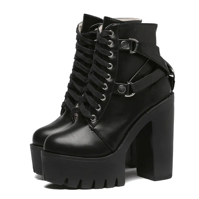 Vegan Leather Square Heel Platform Ankle Boots with Belt Accents