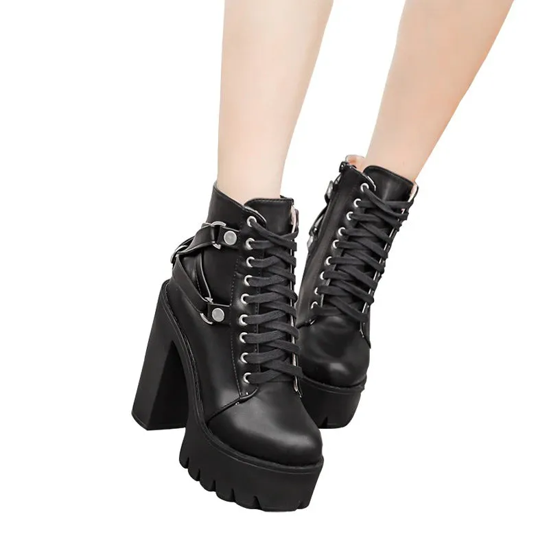 Vegan Leather Square Heel Platform Ankle Boots with Belt Accents