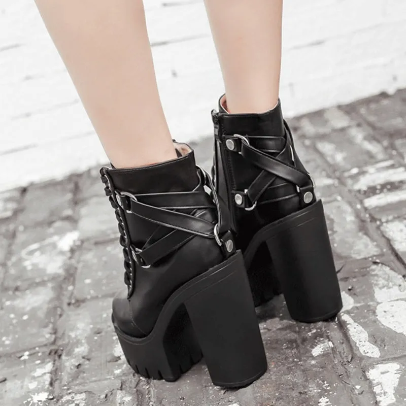 Vegan Leather Square Heel Platform Ankle Boots with Belt Accents