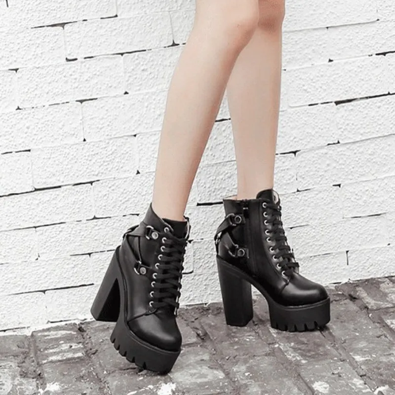 Vegan Leather Square Heel Platform Ankle Boots with Belt Accents