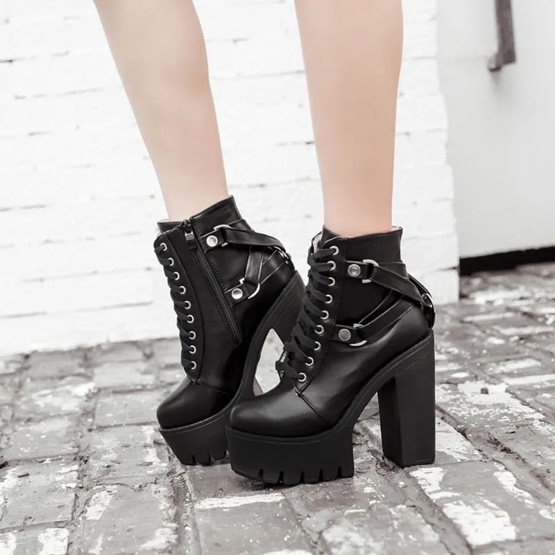 Vegan Leather Square Heel Platform Ankle Boots with Belt Accents