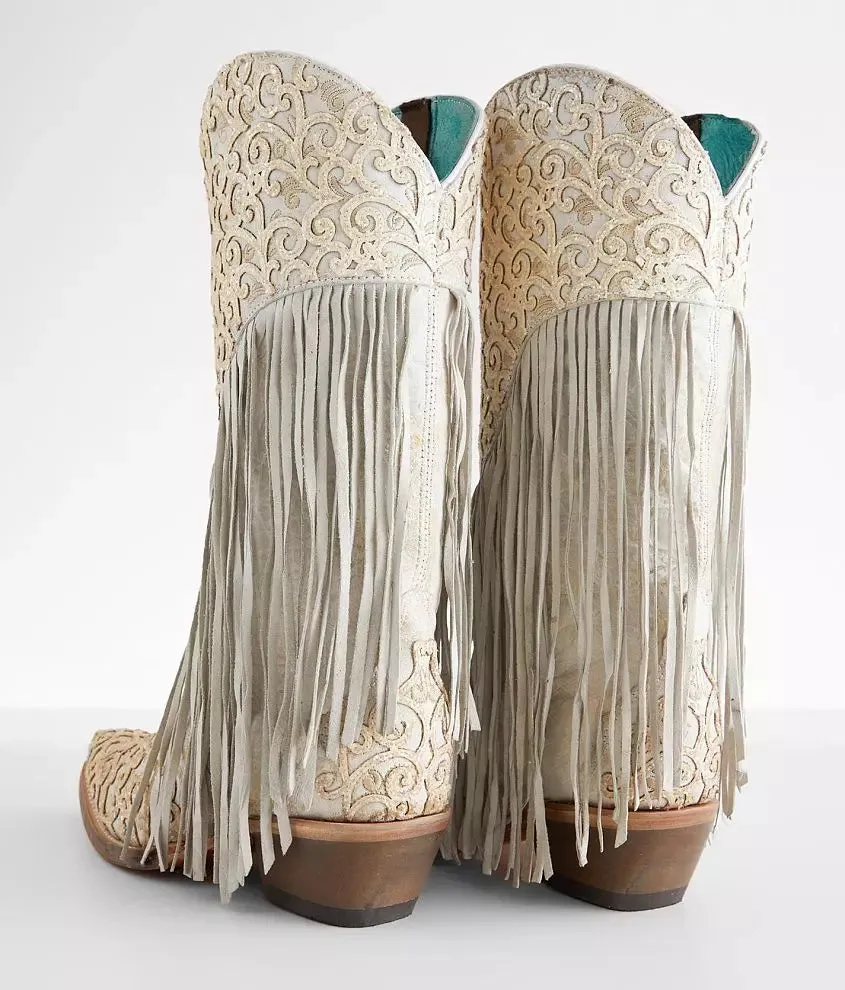 Women's Corral White Lamb Overlay Fringe Boots