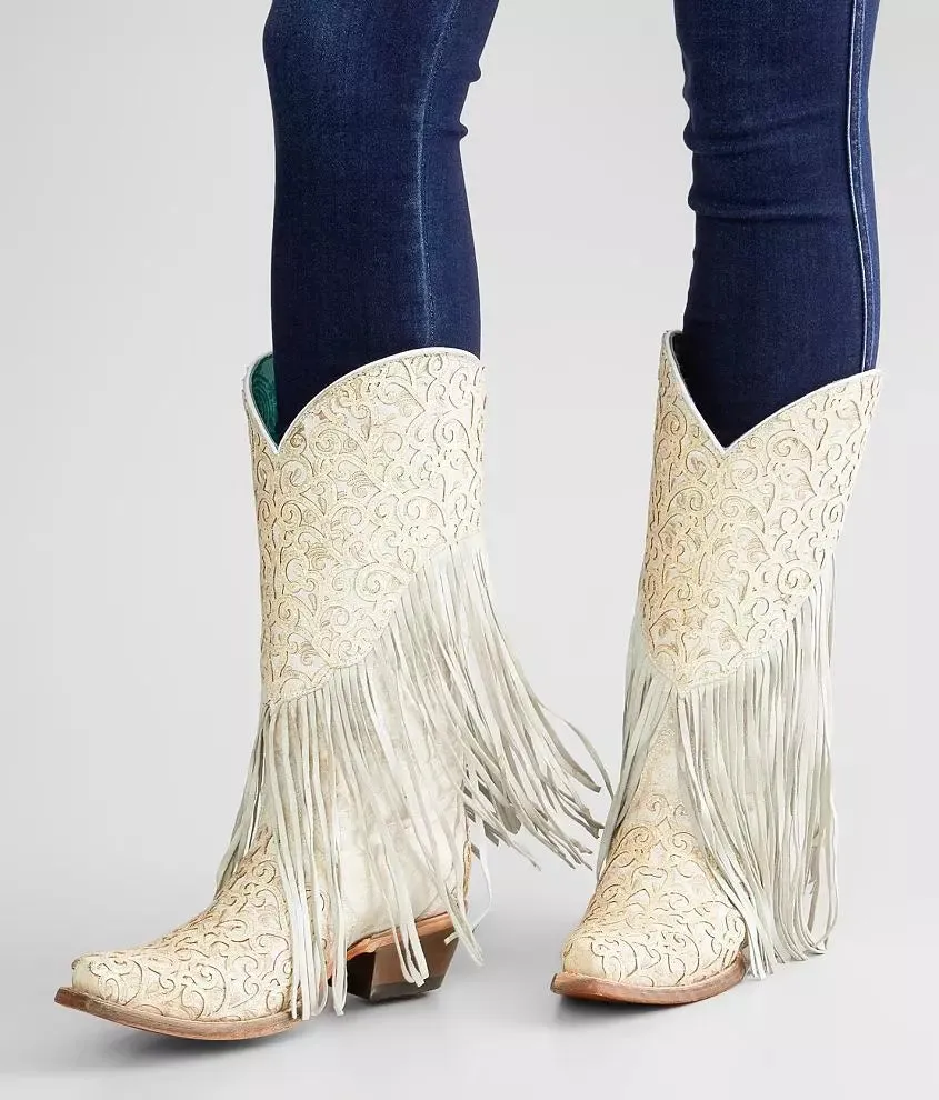 Women's Corral White Lamb Overlay Fringe Boots