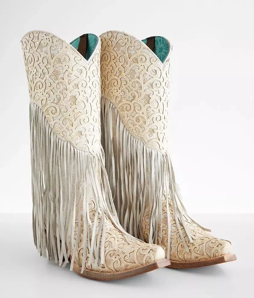 Women's Corral White Lamb Overlay Fringe Boots