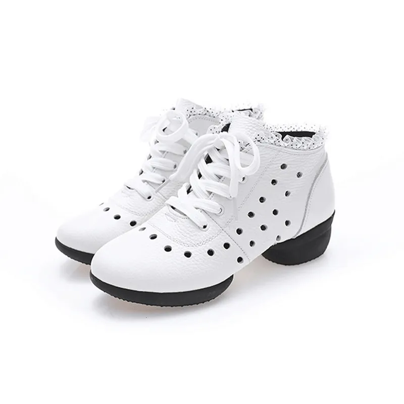 Women's Leather  Hollow Out Lace-up 4cm Heel Dance Sneakers Practice Dance Shoes Jazz Dance