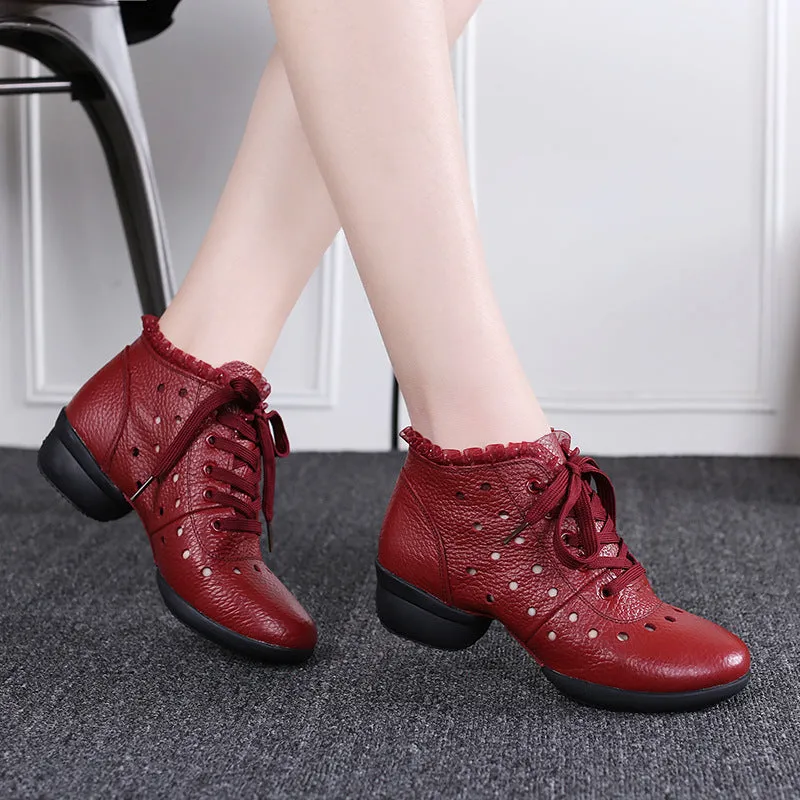 Women's Leather  Hollow Out Lace-up 4cm Heel Dance Sneakers Practice Dance Shoes Jazz Dance