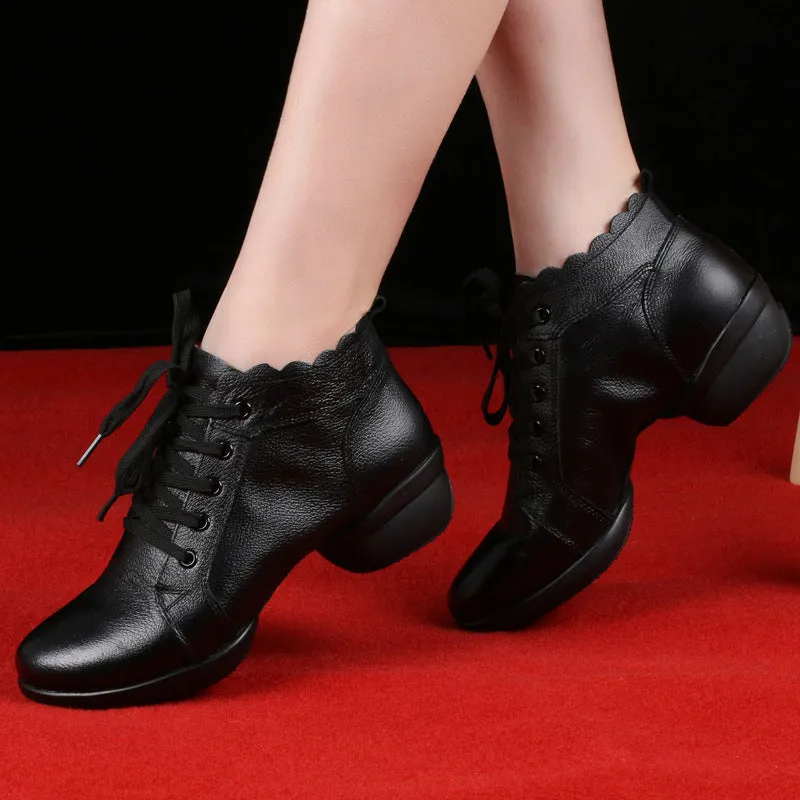 Women's Leather Lace-up 4cm Heel Dance Sneakers Practice Dance Shoes Jazz Dance